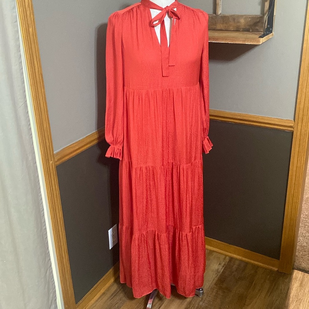 En Crème coral red long sleeve Flowy tiered maxi dress size Small